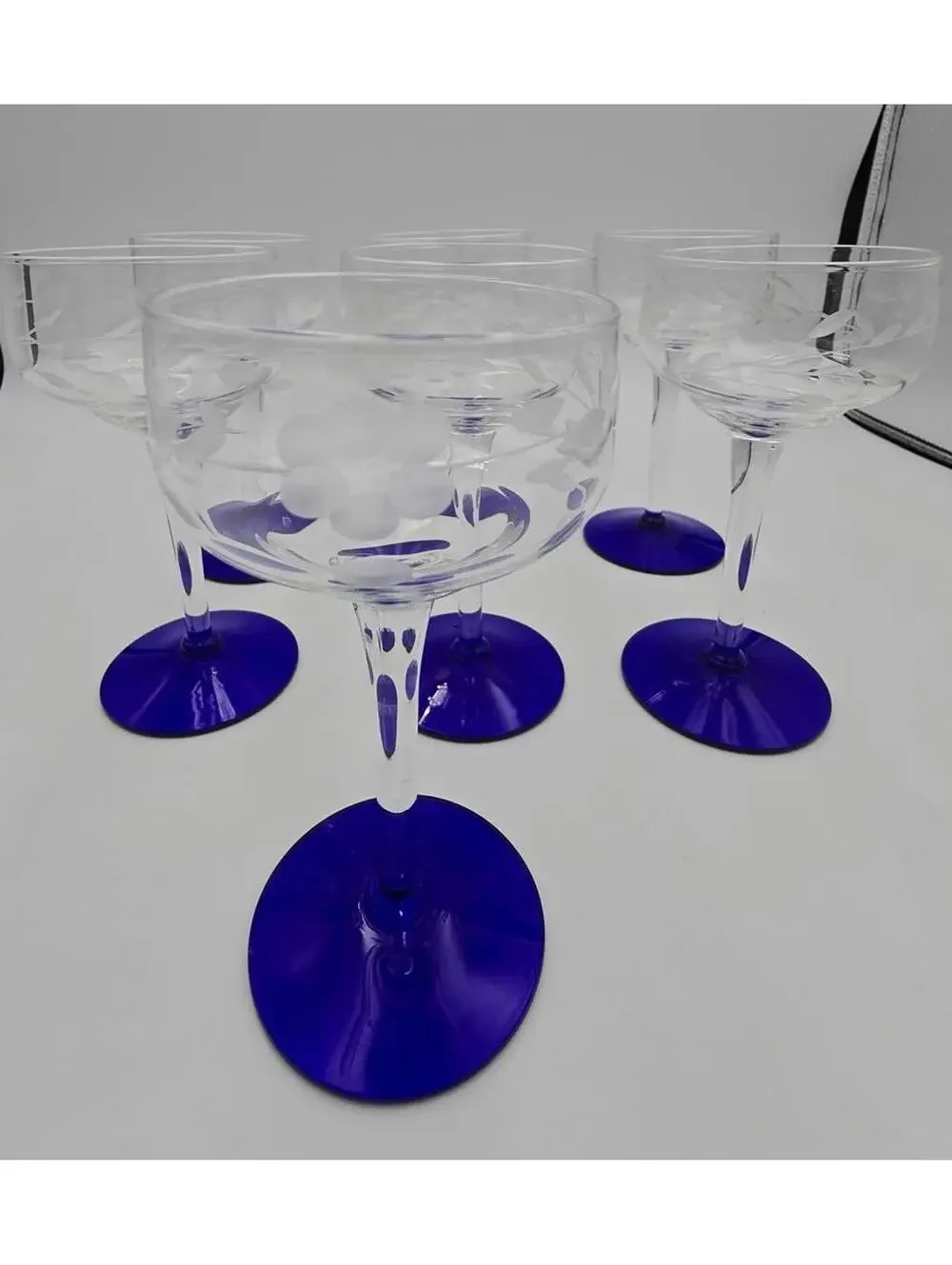 Vintage MCM Set 7 Etched Coupe Glasses Cobalt Blue Stem Floral Barware